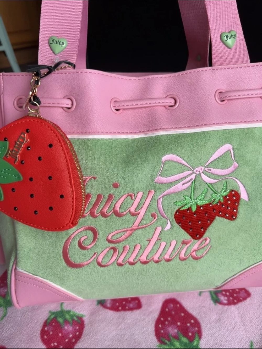 Juicy Couture Pink & Green Strawberry Embroidered Tote